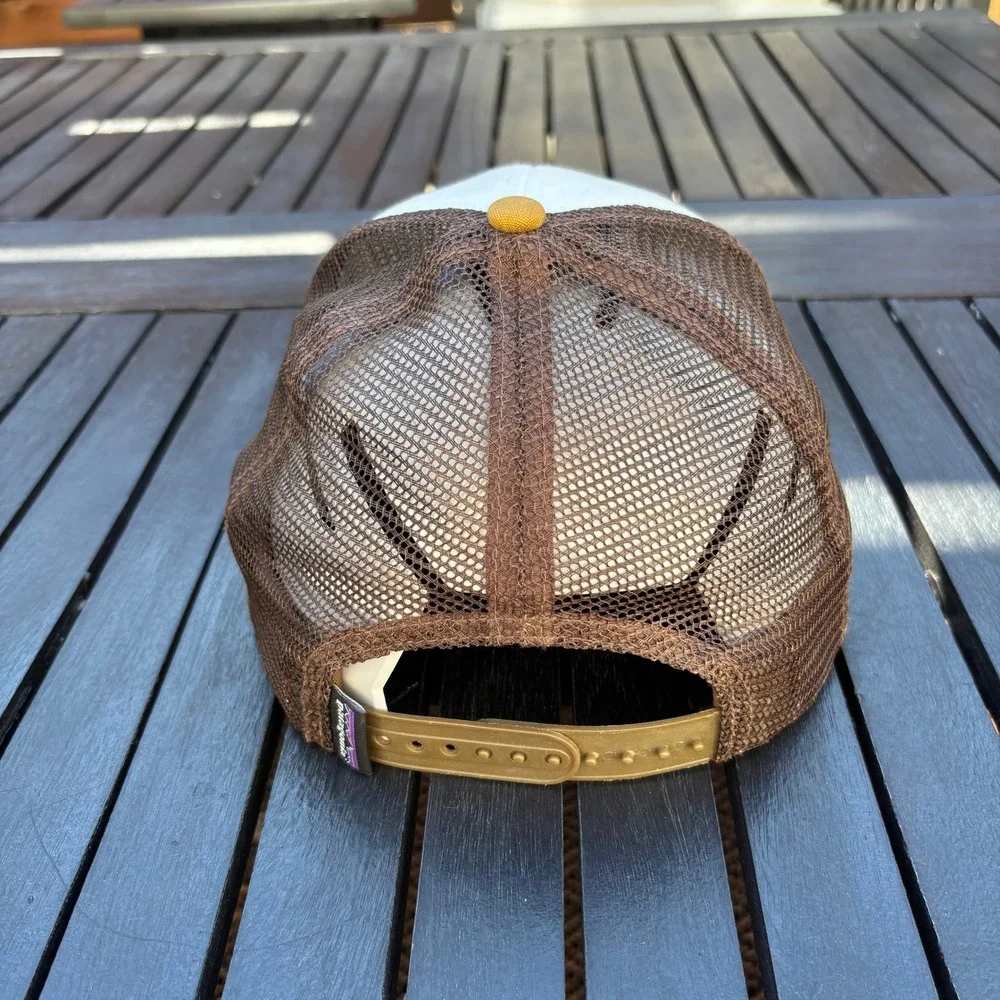Patagonia Trucker Hat Unisex OSFA Brown Yellow Good Fitz Roy Hex Logo Snapback